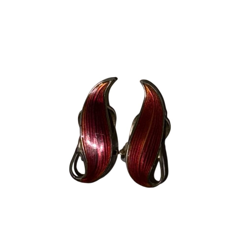 Aksel Holmsen Norway Vintage Red Guilloche Enamel Sterling Silver Vtg Earrings